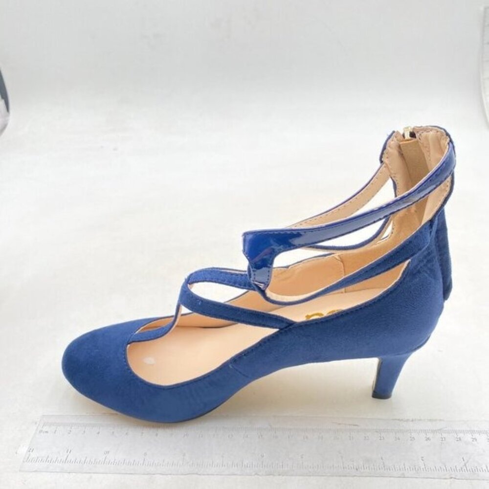 FSJ Women Fashion Closed Round T-Strap Pumps Zippers Stiletto High Heel Blue